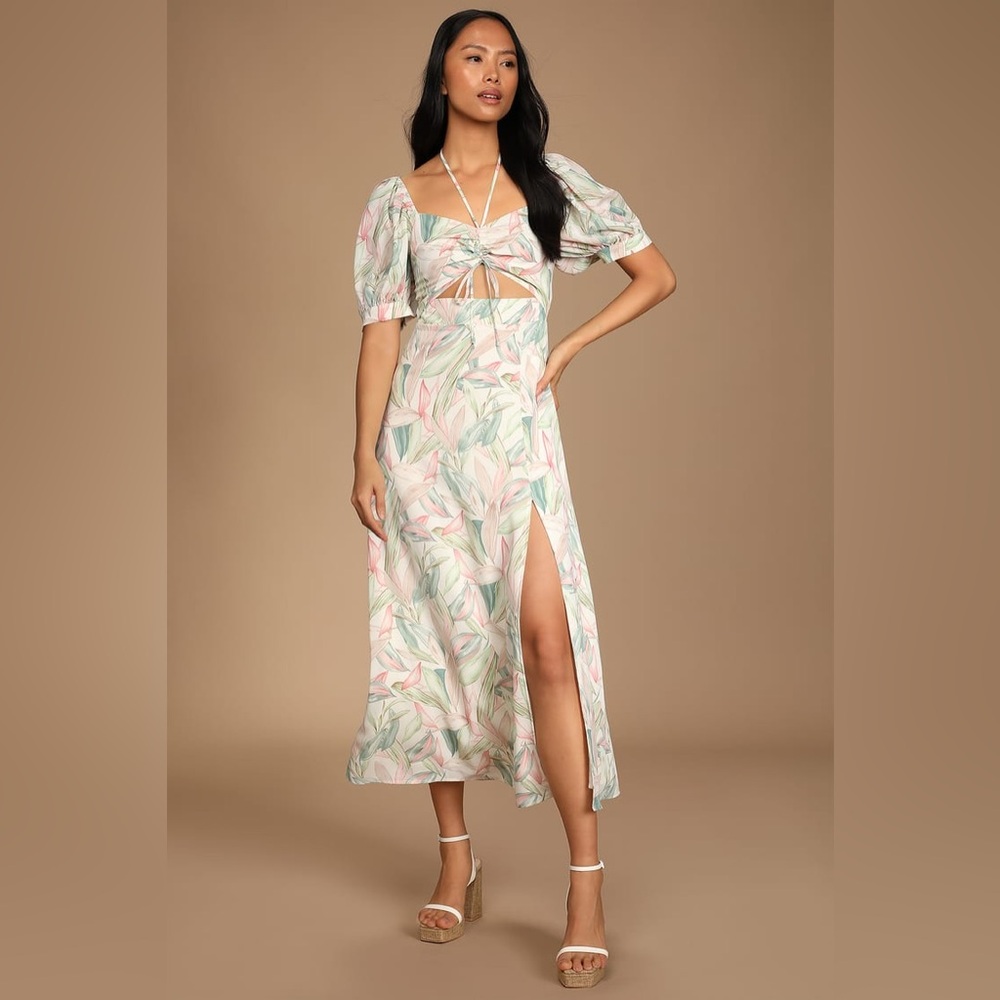 Lulus Thriving Moment White Floral Print Puff Sleeve Cutout Midi Dress